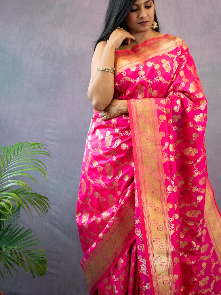 Banarasi Art Katan Silk Saree With Meena Floral Jaal Weaving-Hot Pink