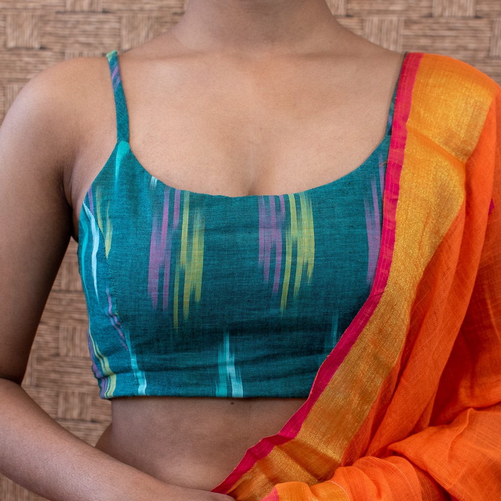 Ikat Soft Cotton Stitched Sleeveless Blouse-Blue