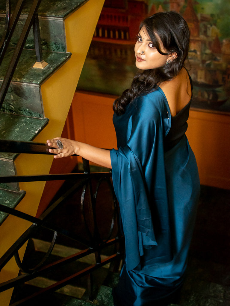 Plain Fancy Satin Silk Saree-Blue