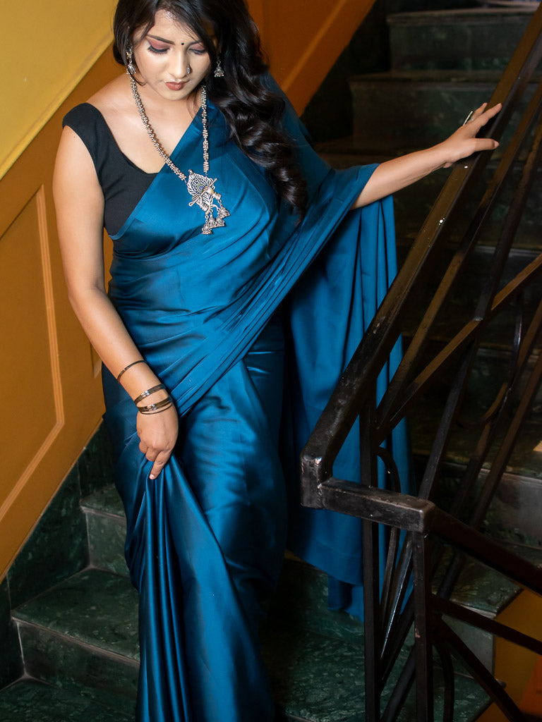 Plain Fancy Satin Silk Saree-Blue