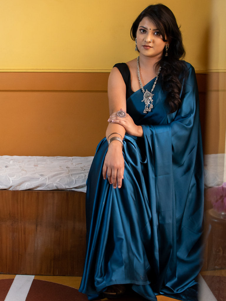Plain Fancy Satin Silk Saree-Blue
