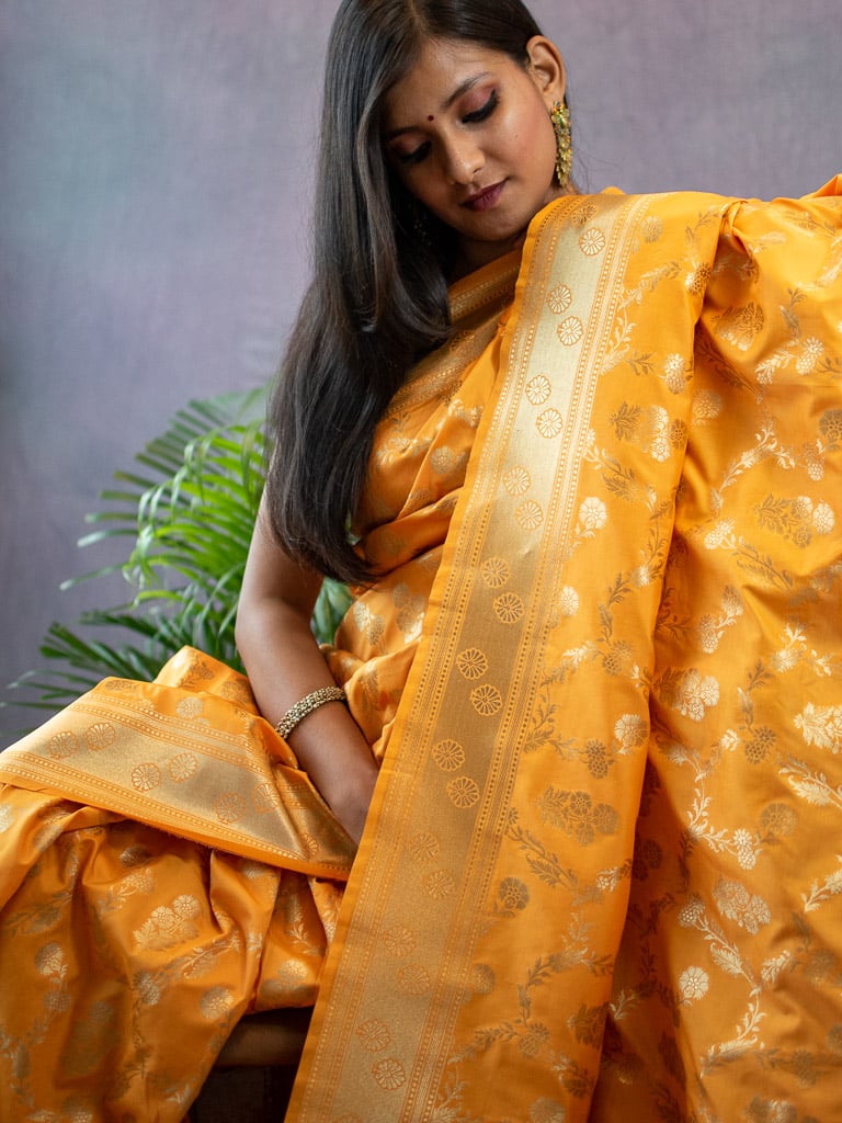 Banarasi Art Katan Silk Saree With Meena Floral Jaal Weaving-Yellow