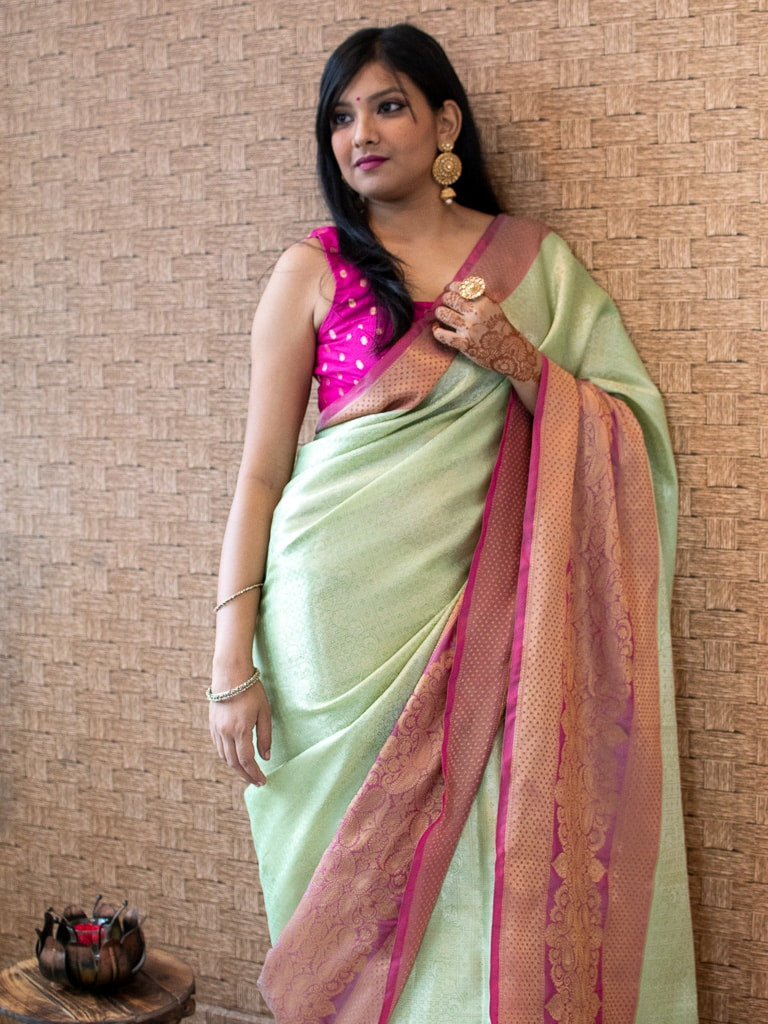 Banarasi Kora Muslin Saree With Tanchoi Weaving & Contrast Border-Mint Green