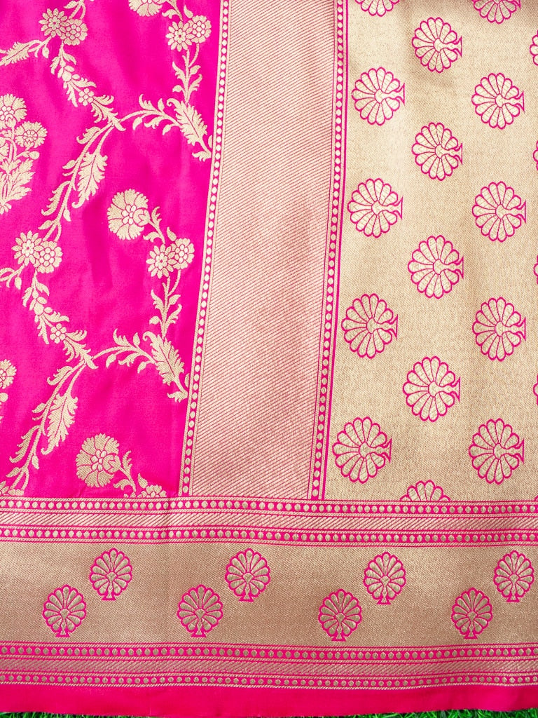 Banarasi Art Katan Silk Saree With Meena Floral Jaal Weaving-Hot Pink