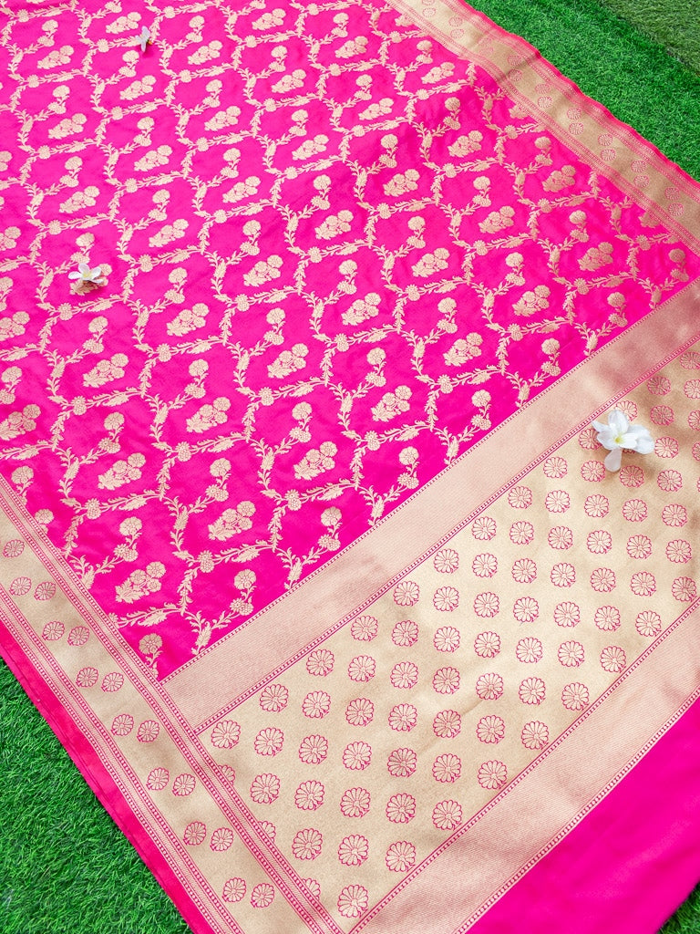 Banarasi Art Katan Silk Saree With Meena Floral Jaal Weaving-Hot Pink