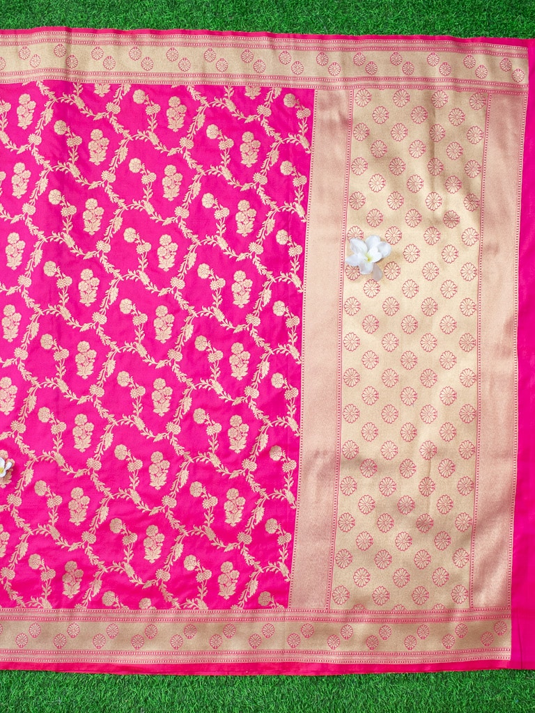 Banarasi Art Katan Silk Saree With Meena Floral Jaal Weaving-Hot Pink