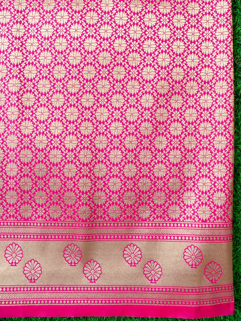 Banarasi Art Katan Silk Saree With Meena Floral Jaal Weaving-Hot Pink