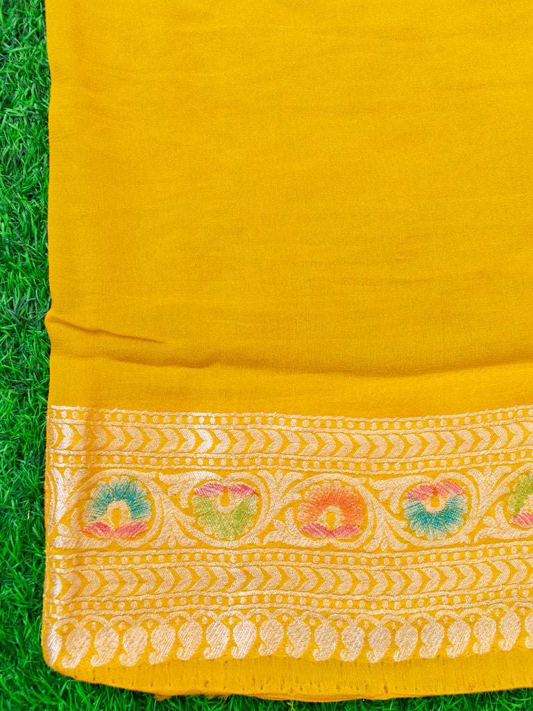 Banarasi Pure Khaddi Georgette Saree With Aada Zari Weaving & Handpainted Border-Yellow