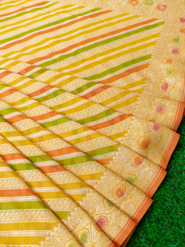 Banarasi Pure Khaddi Georgette Saree With Aada Zari Weaving & Handpainted Border-Yellow