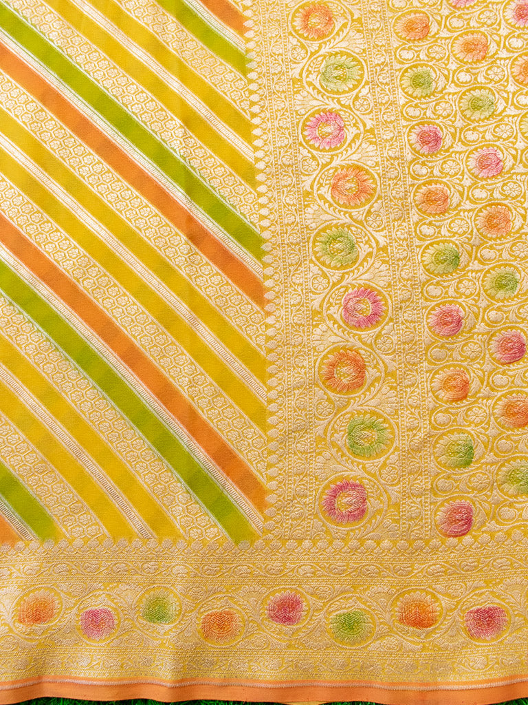 Banarasi Pure Khaddi Georgette Saree With Aada Zari Weaving & Handpainted Border-Yellow