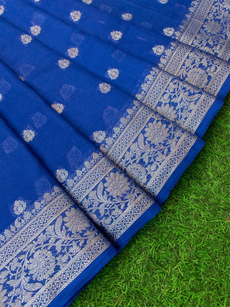 Banarasi Semi Silk Saree With Silver Zari Buti Weaving-Royal blue