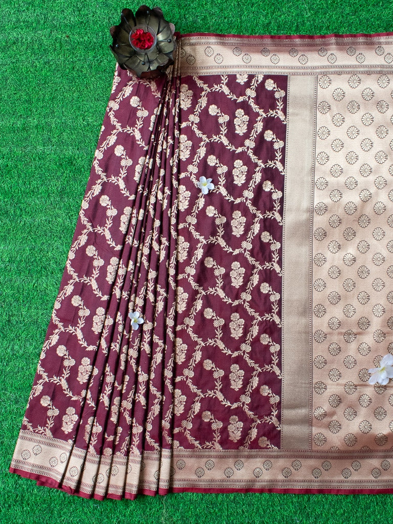 Banarasi Art Katan Silk Saree With Meena Floral Jaal Weaving-Brown