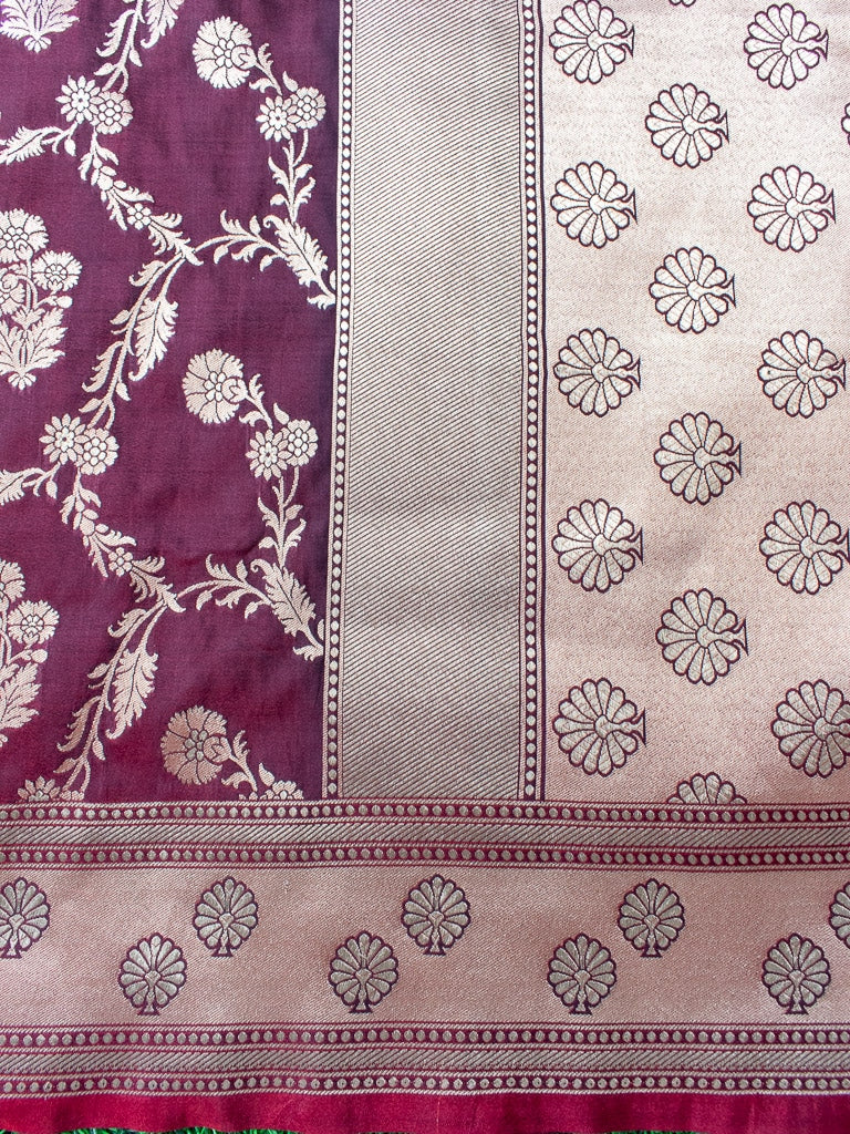 Banarasi Art Katan Silk Saree With Meena Floral Jaal Weaving-Brown