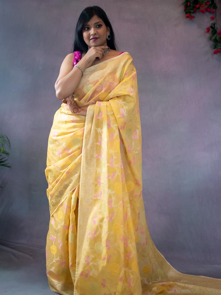 Banarasi Cotton Silk Resham & Zari Multi Coloured Jaal Weaving Saree-Yellow