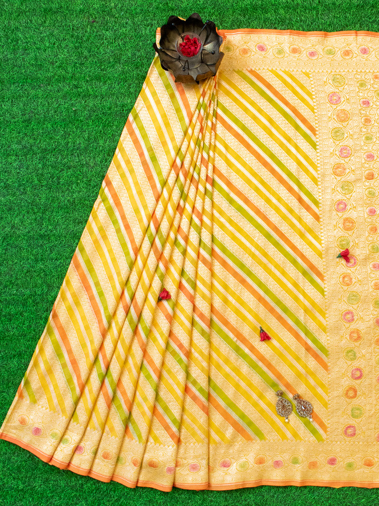 Banarasi Pure Khaddi Georgette Saree With Aada Zari Weaving & Handpainted Border-Yellow