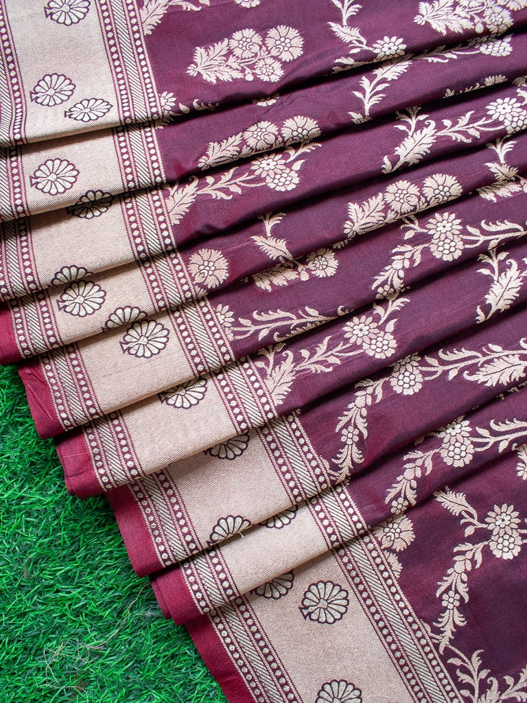 Banarasi Art Katan Silk Saree With Meena Floral Jaal Weaving-Brown