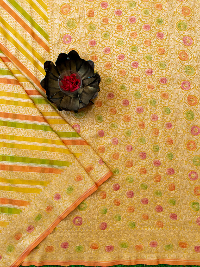 Banarasi Pure Khaddi Georgette Saree With Aada Zari Weaving & Handpainted Border-Yellow