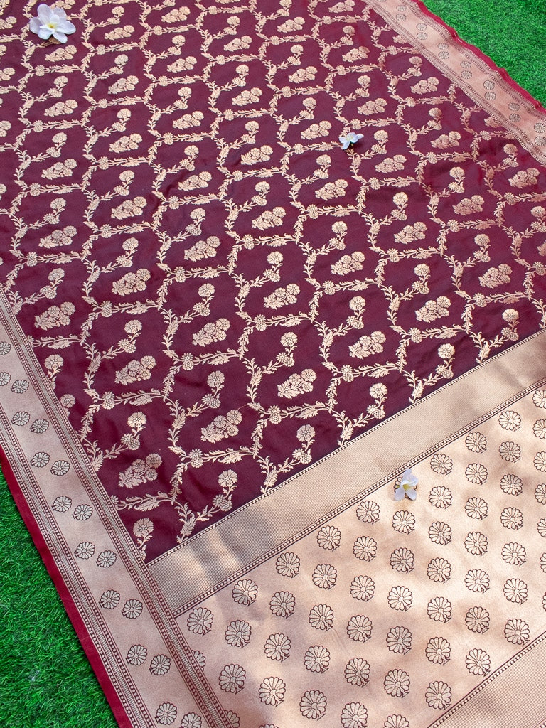 Banarasi Art Katan Silk Saree With Meena Floral Jaal Weaving-Brown