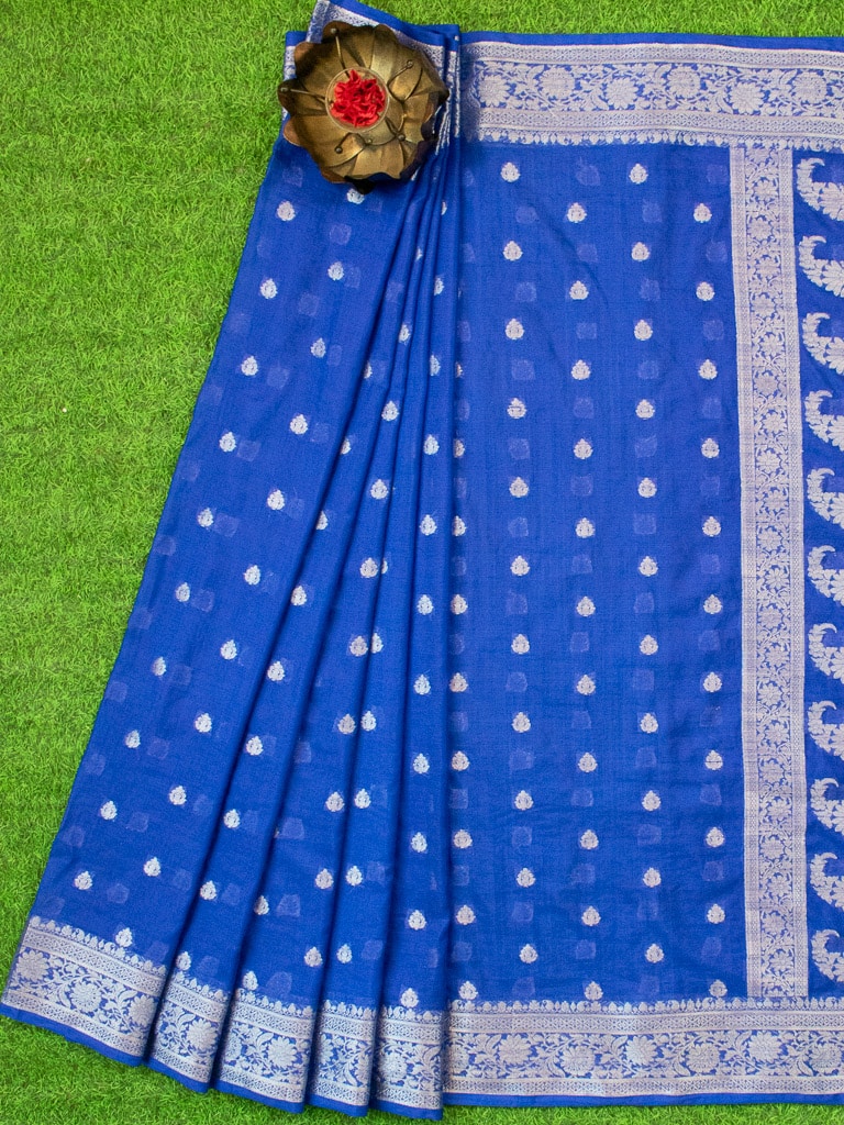 Banarasi Semi Silk Saree With Silver Zari Buti Weaving-Royal blue