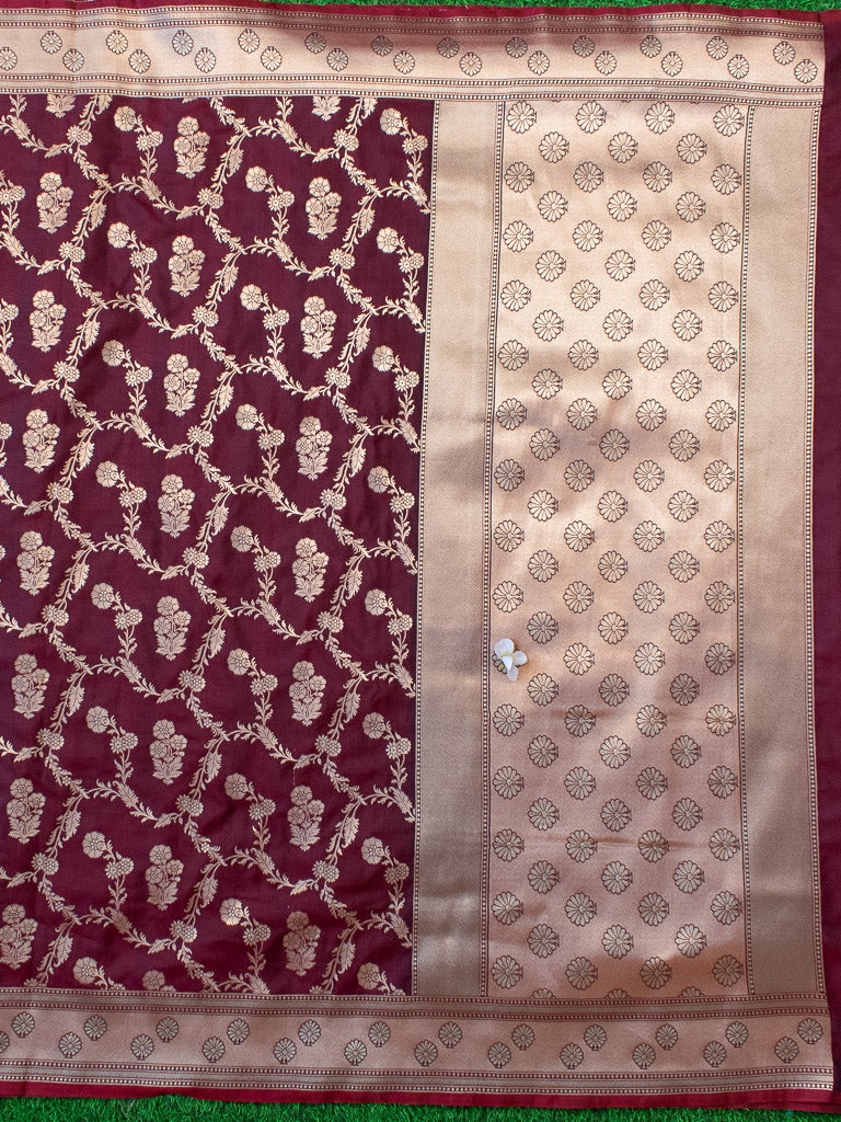 Banarasi Art Katan Silk Saree With Meena Floral Jaal Weaving-Brown