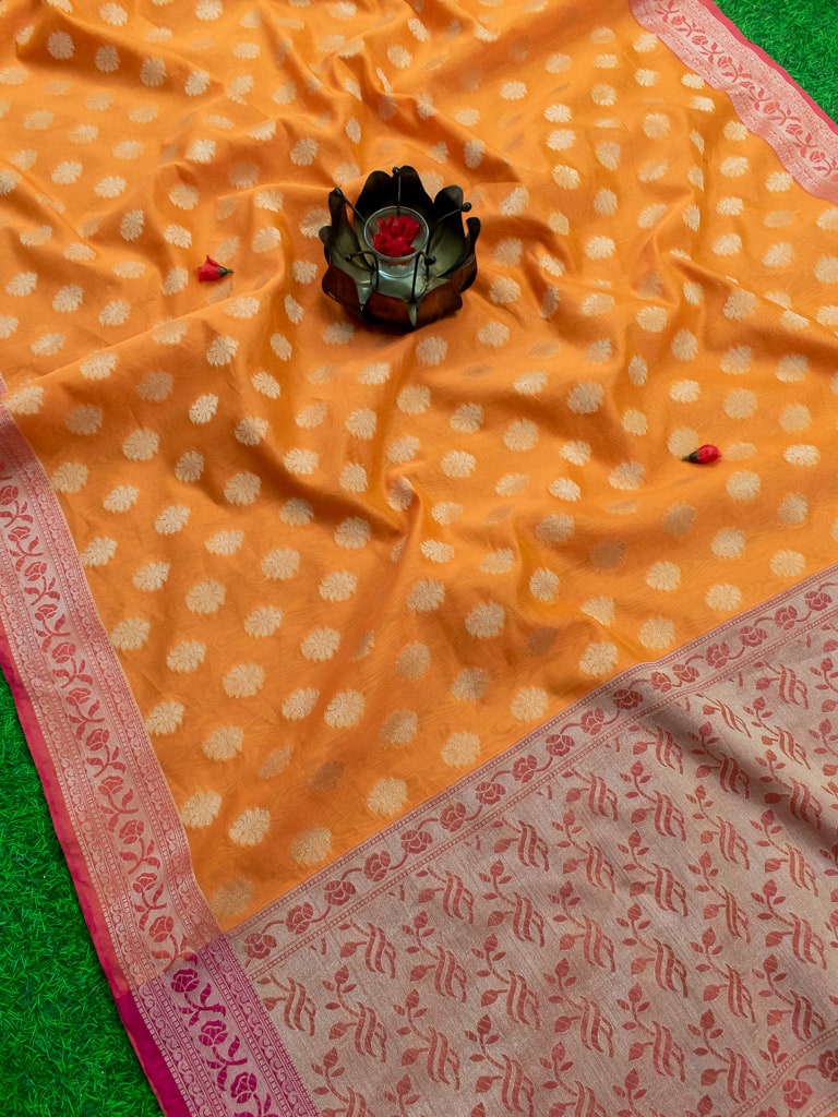 Banarasi Cotton Silk Resham Floral Weaving Saree & Contrast Border-Orange