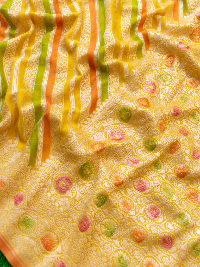 Banarasi Pure Khaddi Georgette Saree With Aada Zari Weaving & Handpainted Border-Yellow
