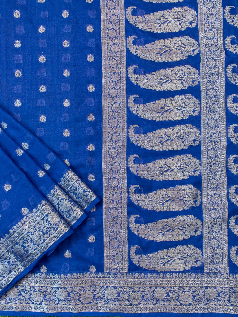 Banarasi Semi Silk Saree With Silver Zari Buti Weaving-Royal blue