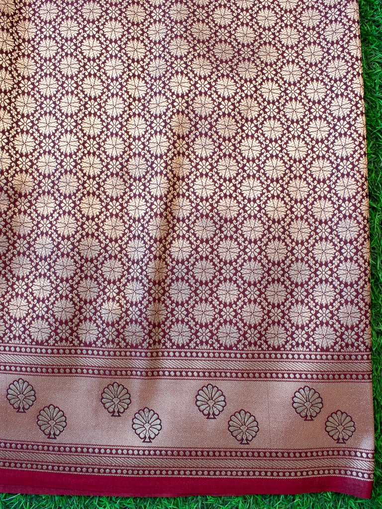 Banarasi Art Katan Silk Saree With Meena Floral Jaal Weaving-Brown