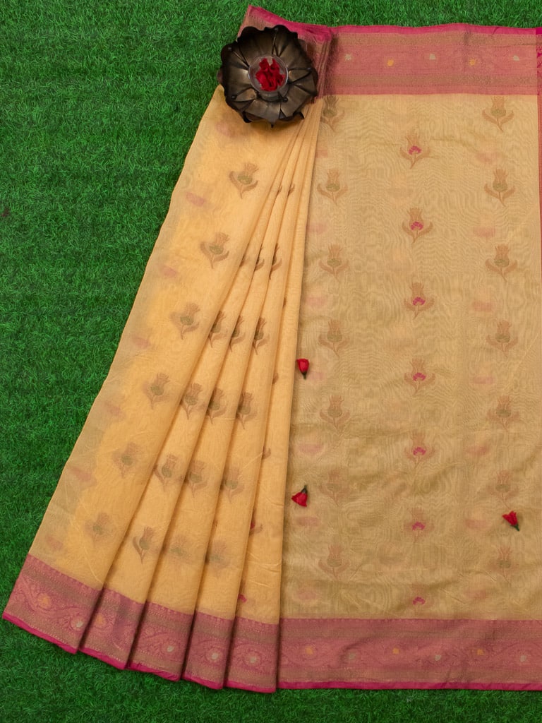Banarasi Cotton Silk Resham & Meena Floral Weaving Saree & Contrast Border-Beige