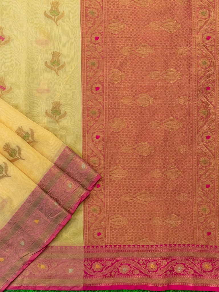 Banarasi Cotton Silk Resham & Meena Floral Weaving Saree & Contrast Border-Beige