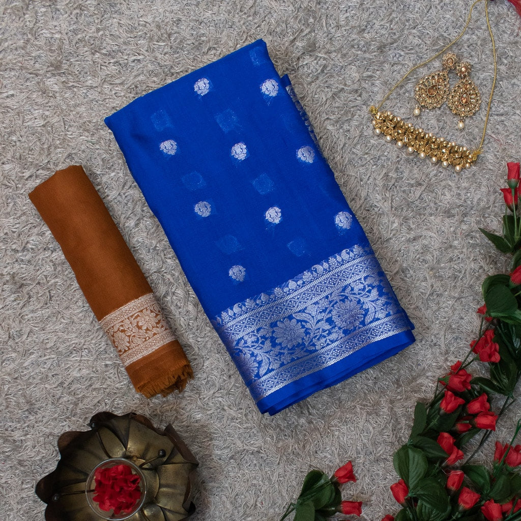Banarasi Semi Silk Saree With Silver Zari Buti Weaving-Royal blue
