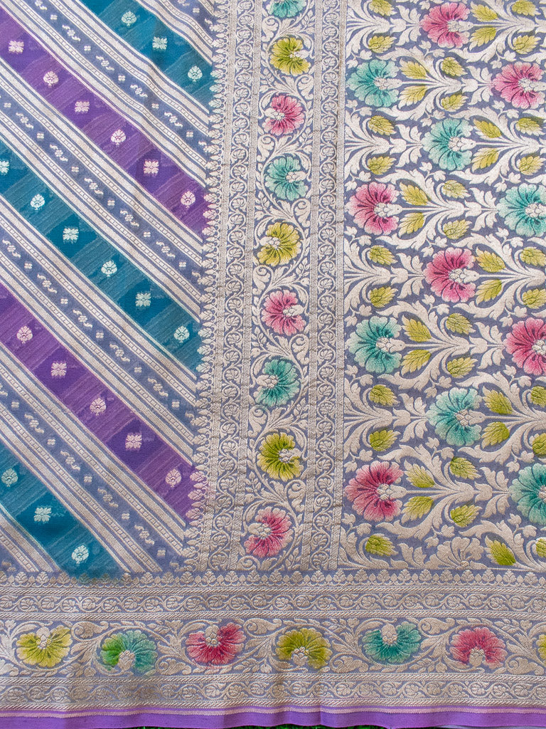 Banarasi Pure Khaddi Georgette Saree With Aada Zari Weaving & Handpainted Border-Purple