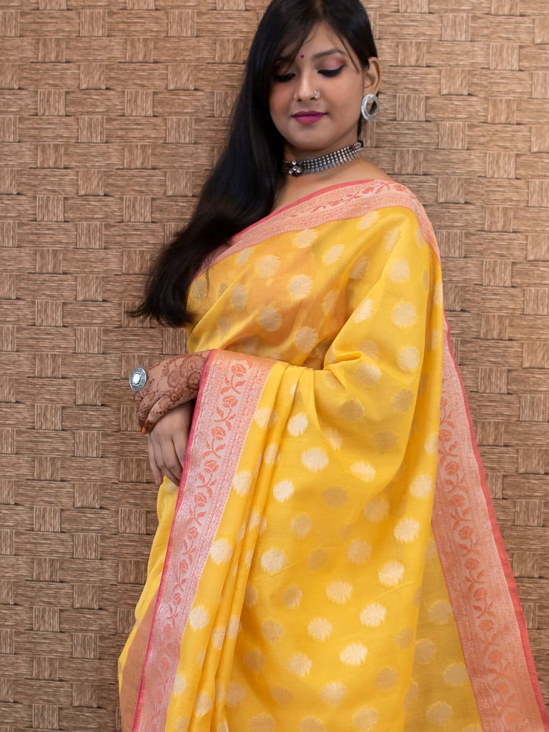 Banarasi Cotton Silk Saree Resham Floral Weaving & Contrast Border-Mustard Yellow