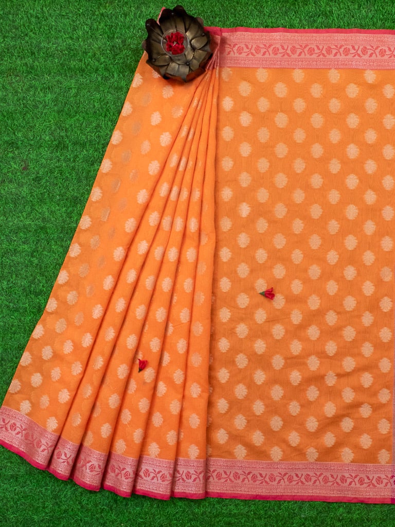 Banarasi Cotton Silk Resham Floral Weaving Saree & Contrast Border-Orange