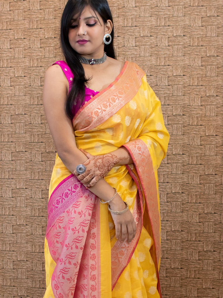 Banarasi Cotton Silk Saree Resham Floral Weaving & Contrast Border-Mustard Yellow
