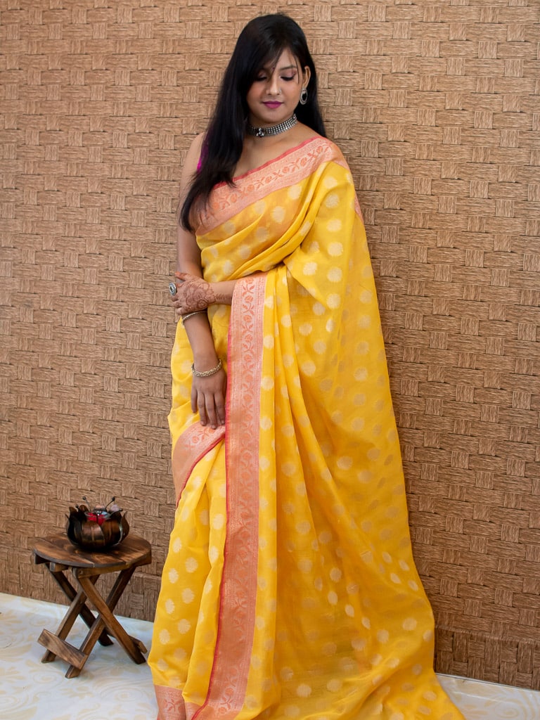 Banarasi Cotton Silk Saree Resham Floral Weaving & Contrast Border-Mustard Yellow