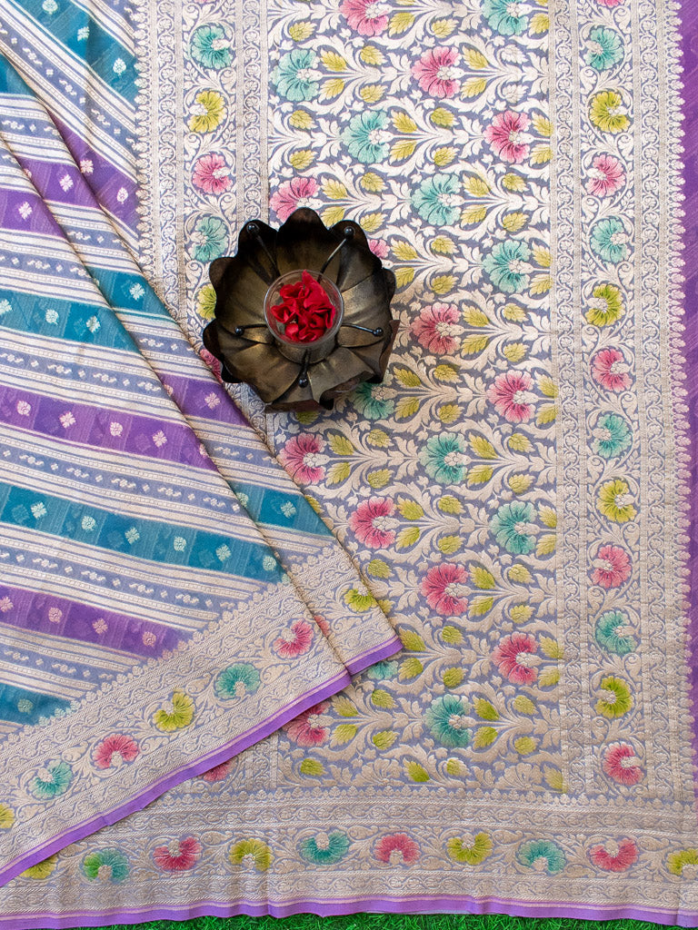 Banarasi Pure Khaddi Georgette Saree With Aada Zari Weaving & Handpainted Border-Purple