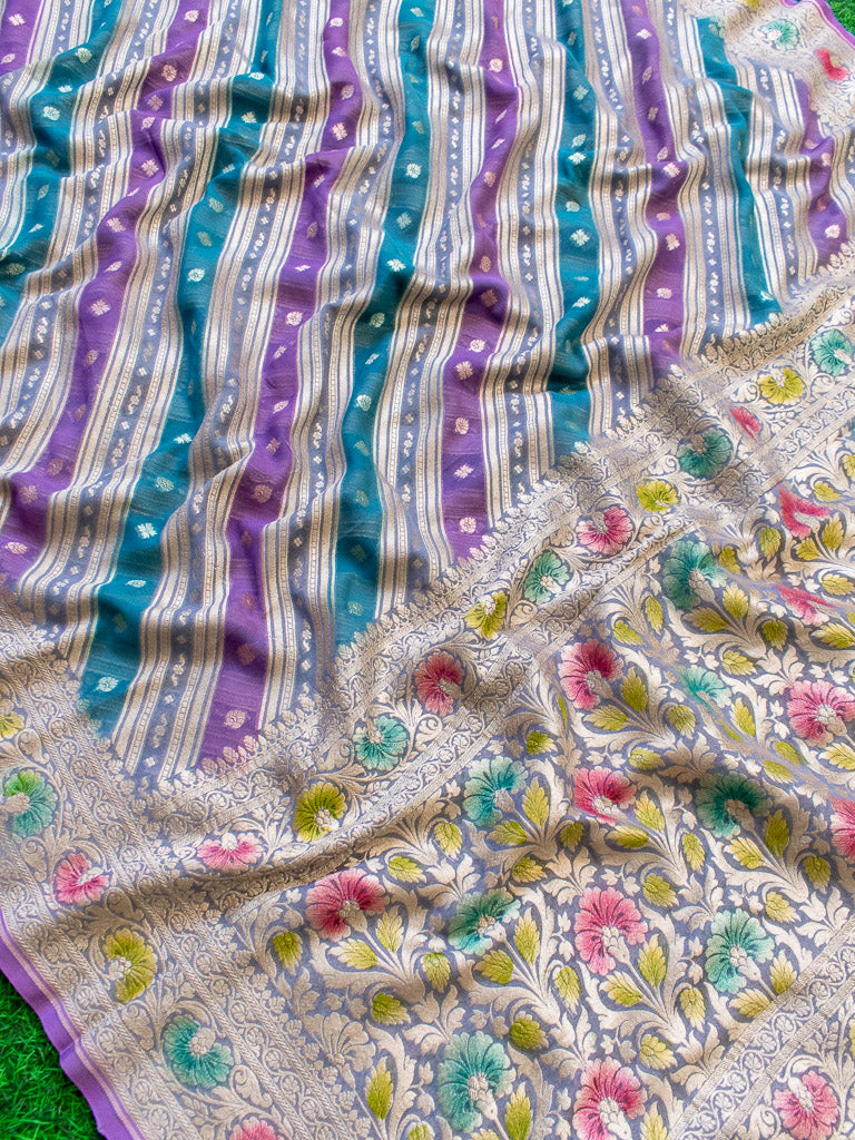 Banarasi Pure Khaddi Georgette Saree With Aada Zari Weaving & Handpainted Border-Purple