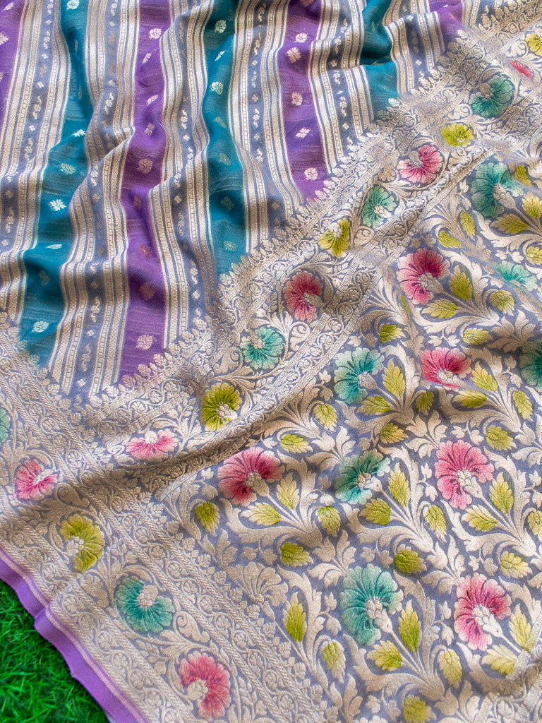 Banarasi Pure Khaddi Georgette Saree With Aada Zari Weaving & Handpainted Border-Purple