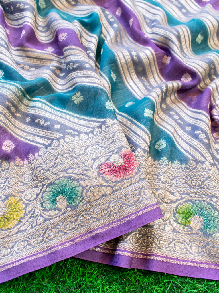 Banarasi Pure Khaddi Georgette Saree With Aada Zari Weaving & Handpainted Border-Purple