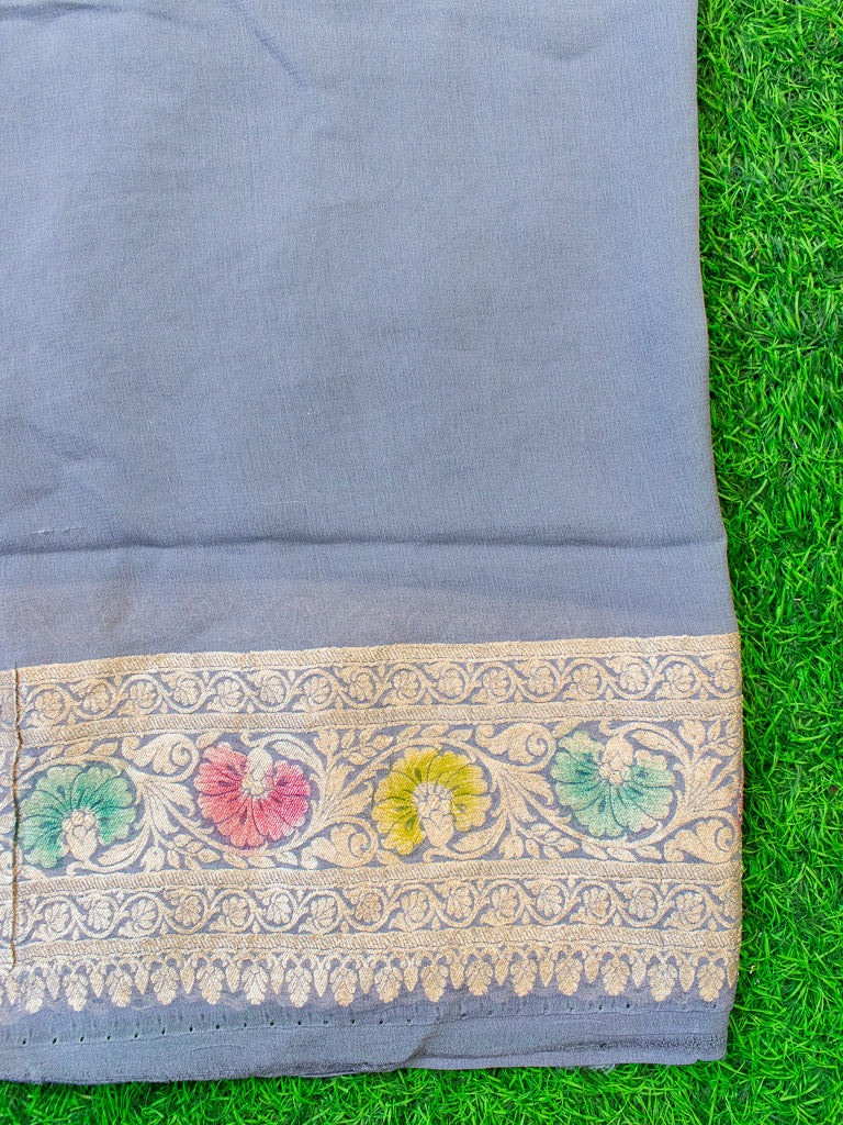 Banarasi Pure Khaddi Georgette Saree With Aada Zari Weaving & Handpainted Border-Purple