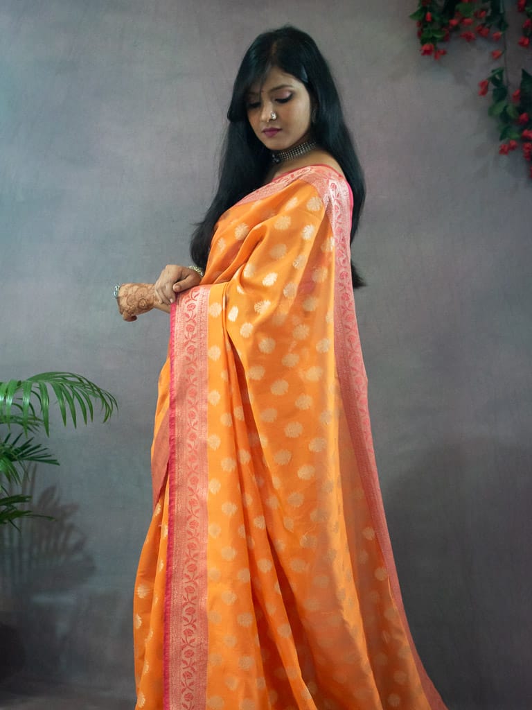 Banarasi Cotton Silk Resham Floral Weaving Saree & Contrast Border-Orange