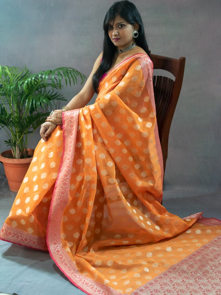 Banarasi Cotton Silk Resham Floral Weaving Saree & Contrast Border-Orange
