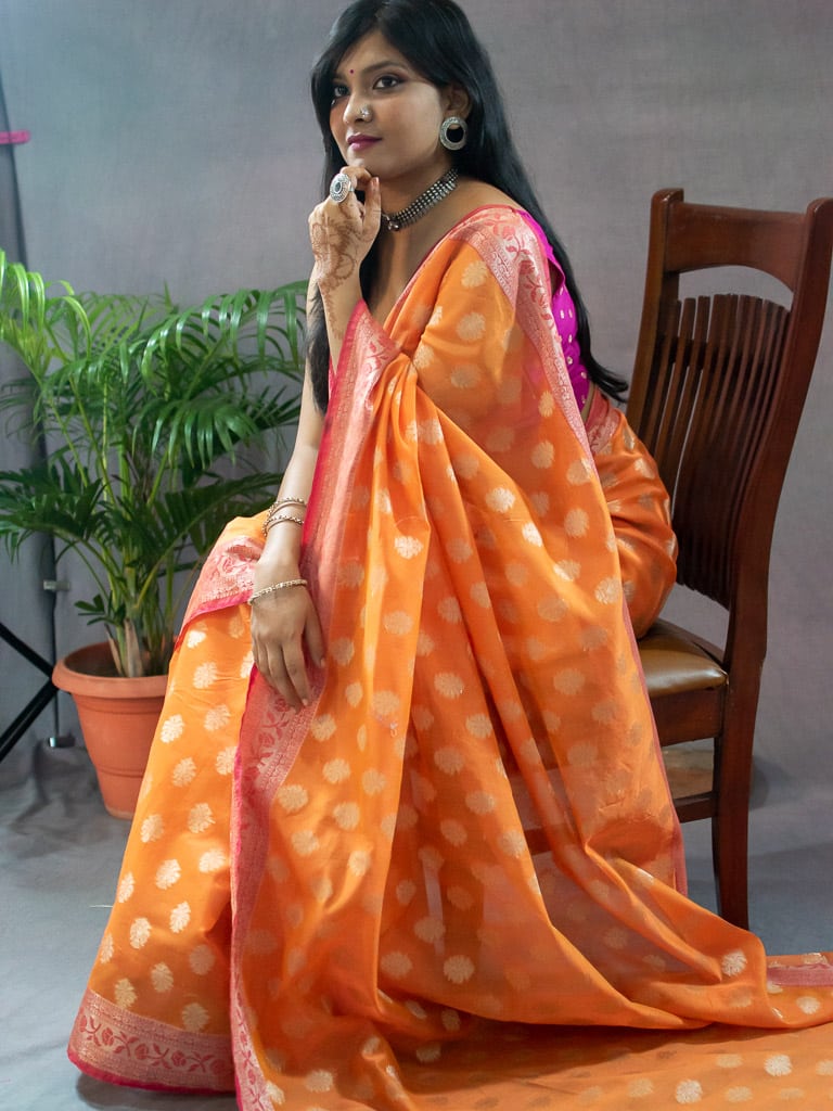 Banarasi Cotton Silk Resham Floral Weaving Saree & Contrast Border-Orange