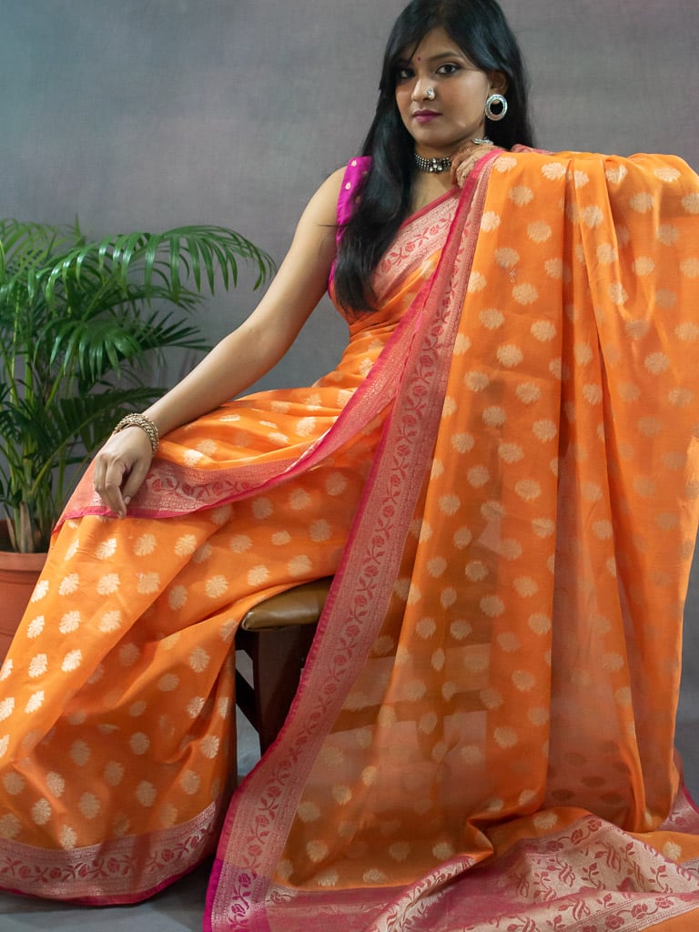 Banarasi Cotton Silk Resham Floral Weaving Saree & Contrast Border-Orange