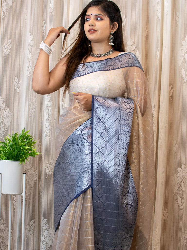 Banarasi organza Saree With Zari Weaving & Contrast Skirt Border-Beige & Blue