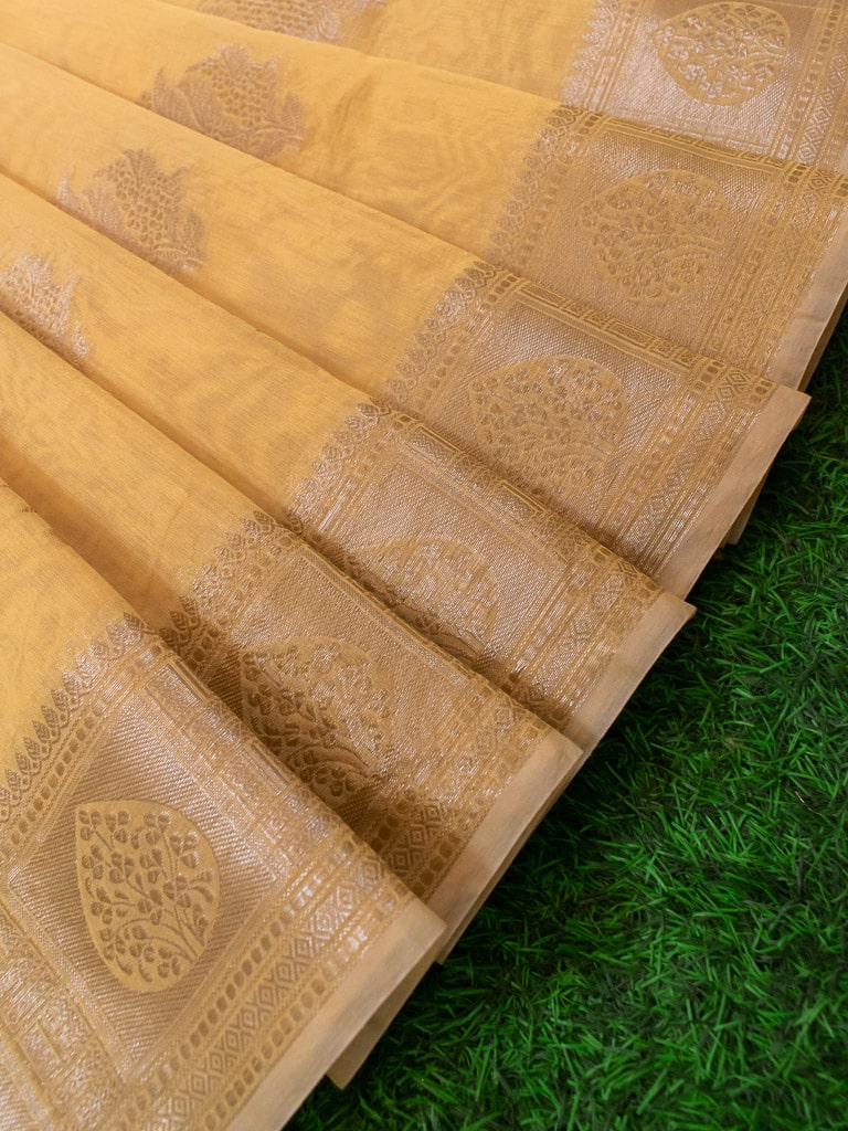 Banarasi Cotton Silk Resham Floral Weaving Saree-Yellow