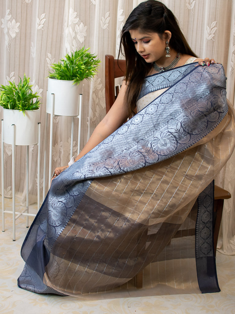 Banarasi organza Saree With Zari Weaving & Contrast Skirt Border-Beige & Blue