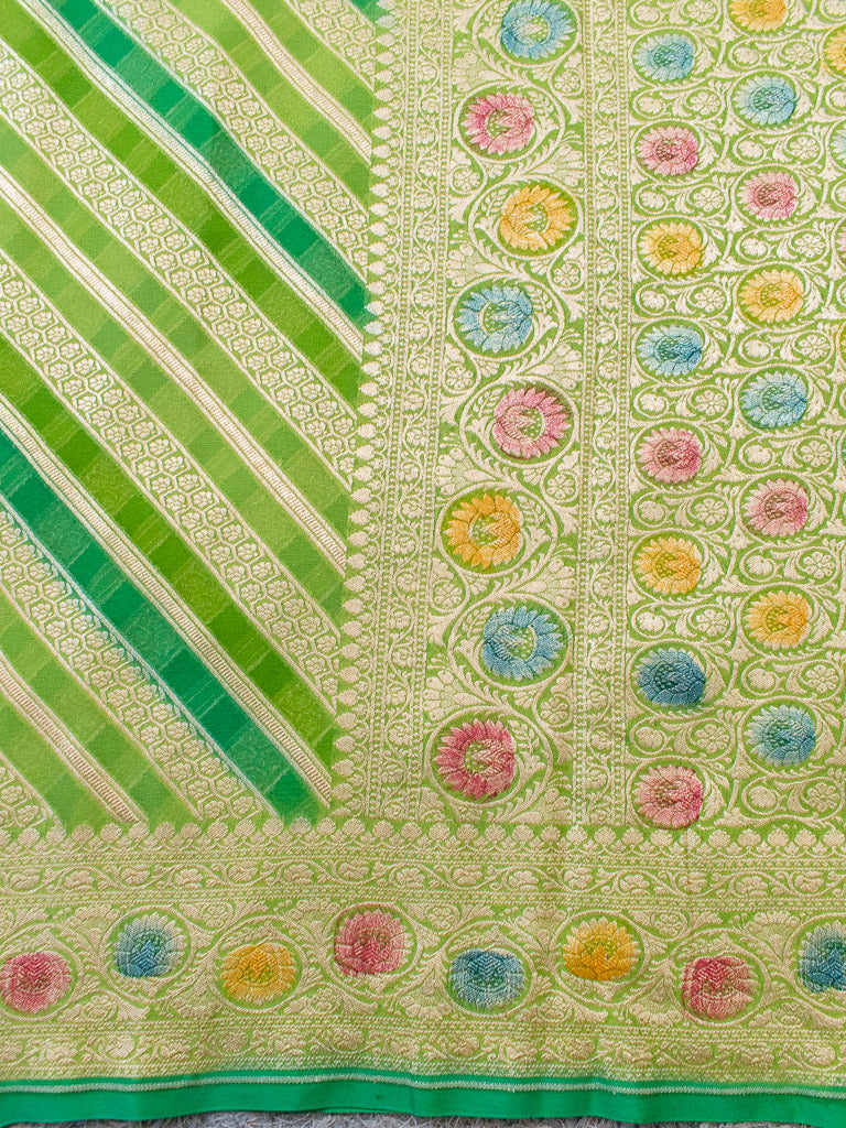 Banarasi Pure Khaddi Georgette Saree With Aada Zari Weaving & Handpainted Border-Green