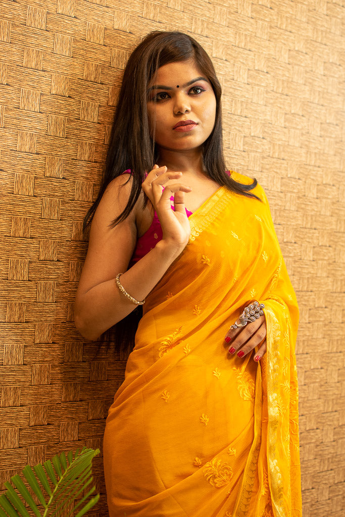 Banarasi Semi Chiffon Saree Gold Zari Buti Weaving & Thread Embroidery-Yellow